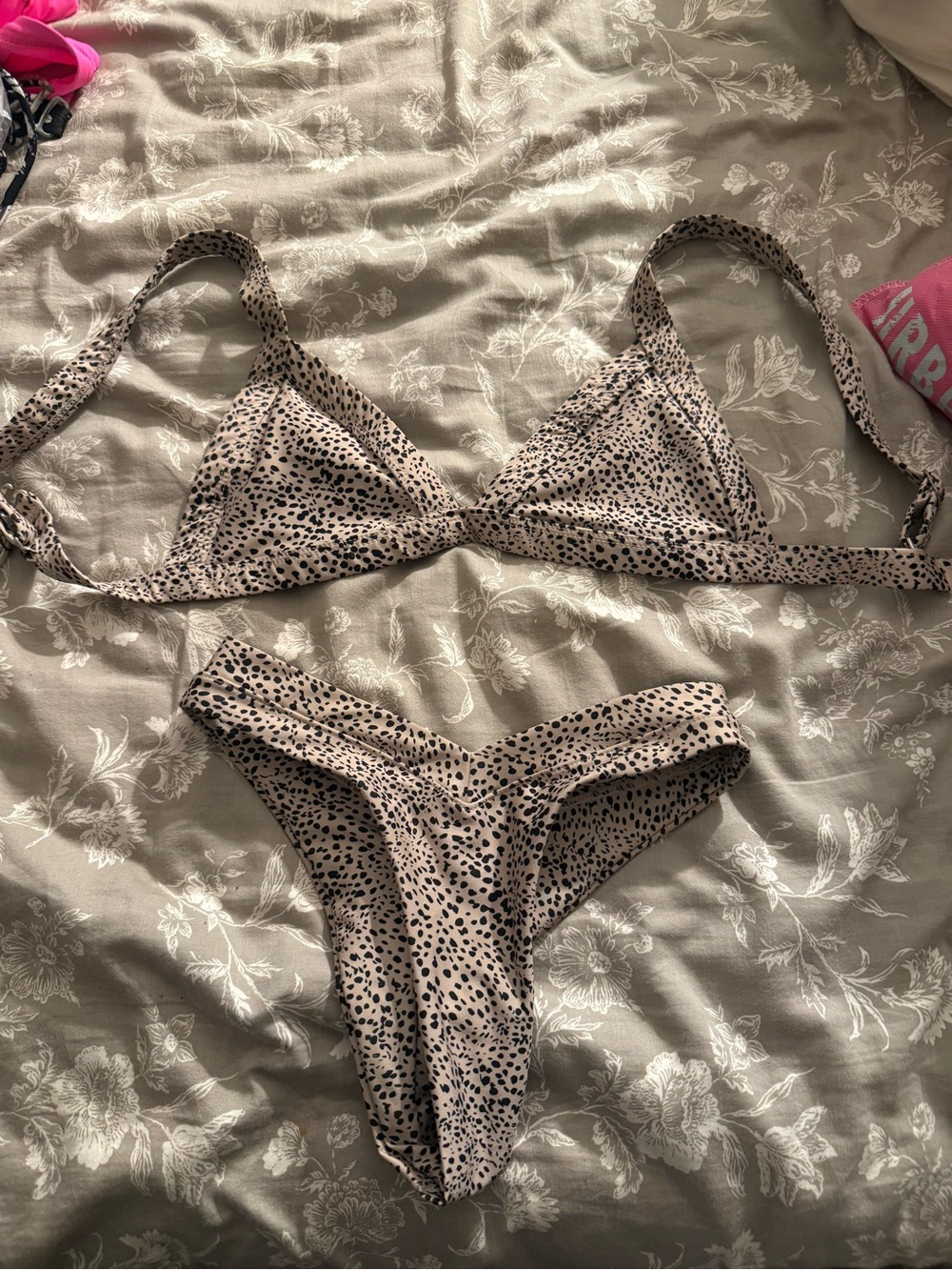 Neutral Spotted Triangle Bikini Set - Beige/Black